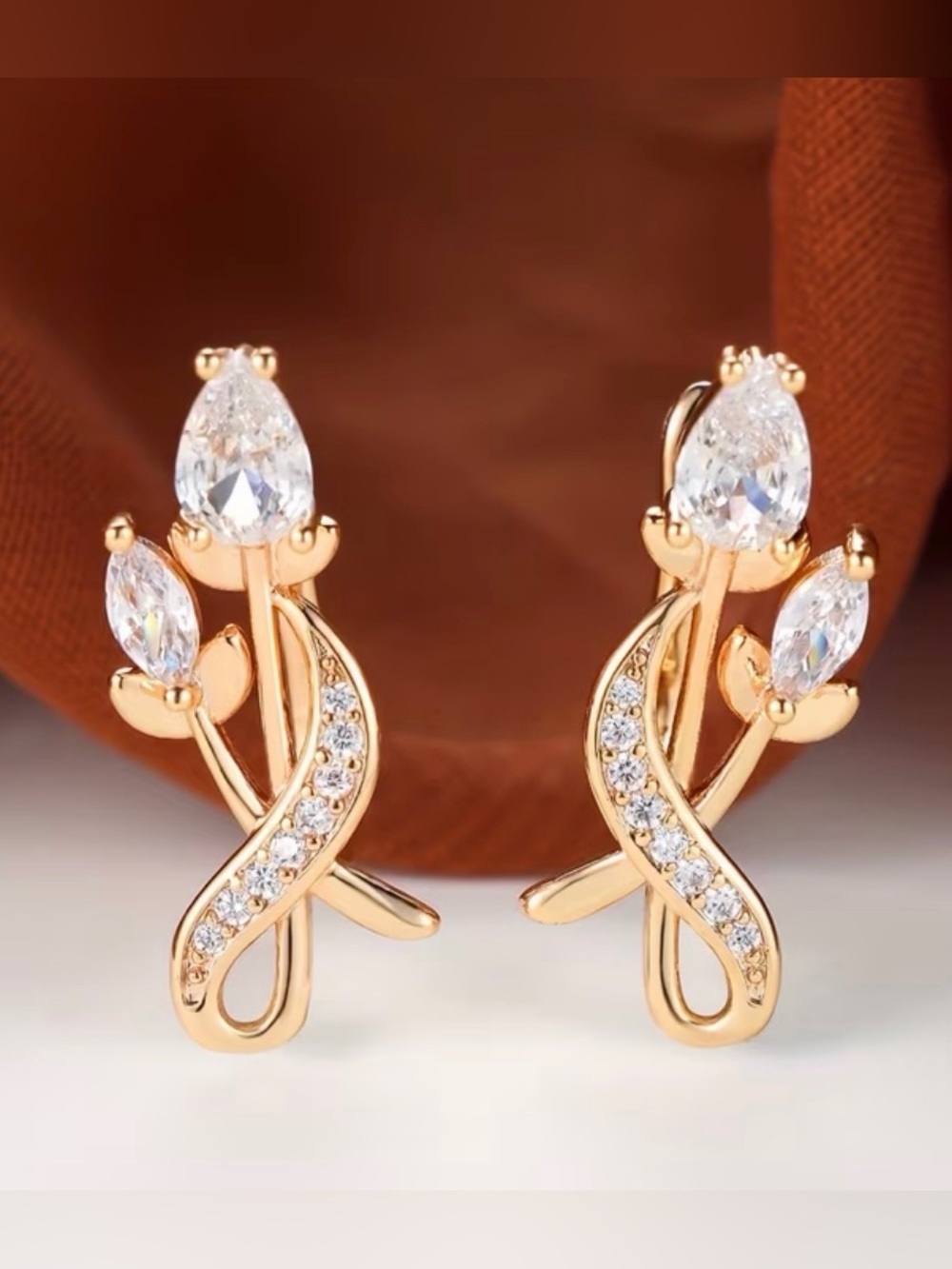 Gold-Tone Emerald Floral White Stud Earrings.
